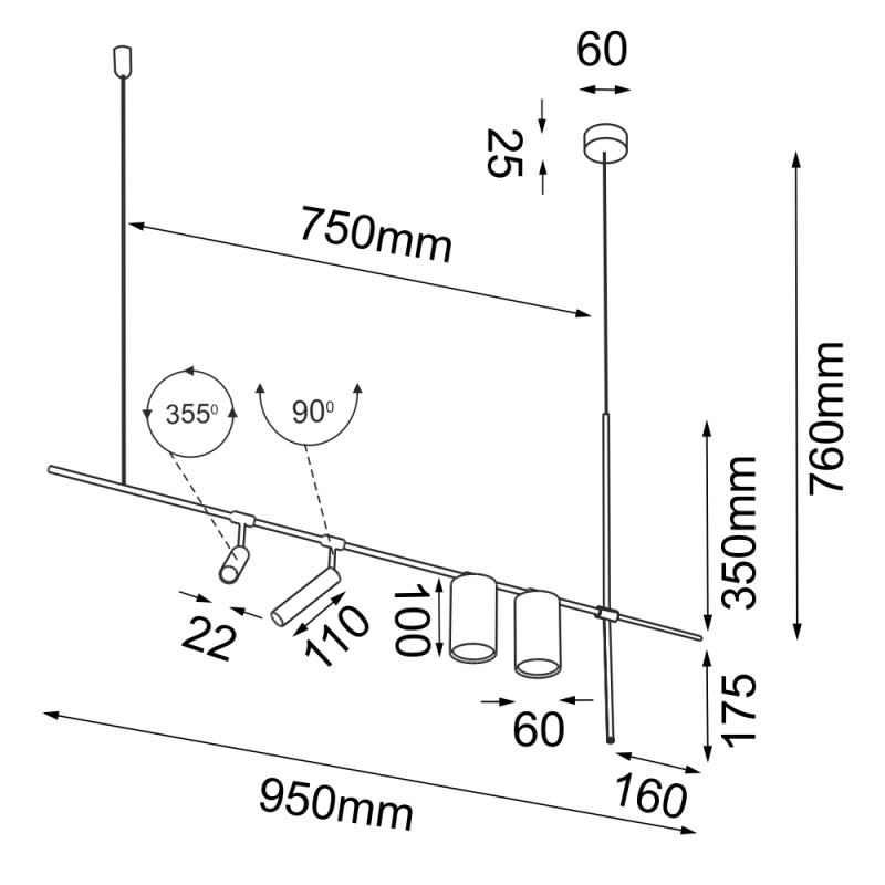 Regulowane reflektory czarne 95 cm, Namasu 2, Antigo